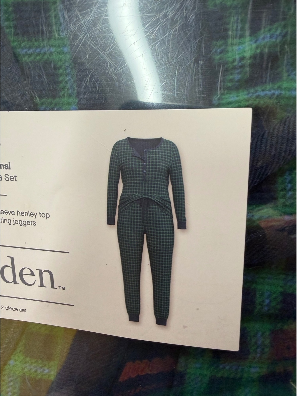 Auden Women’s XS Thermal Pajama Set Green Navy Plaid 2 Piece Henley Joggers NWT